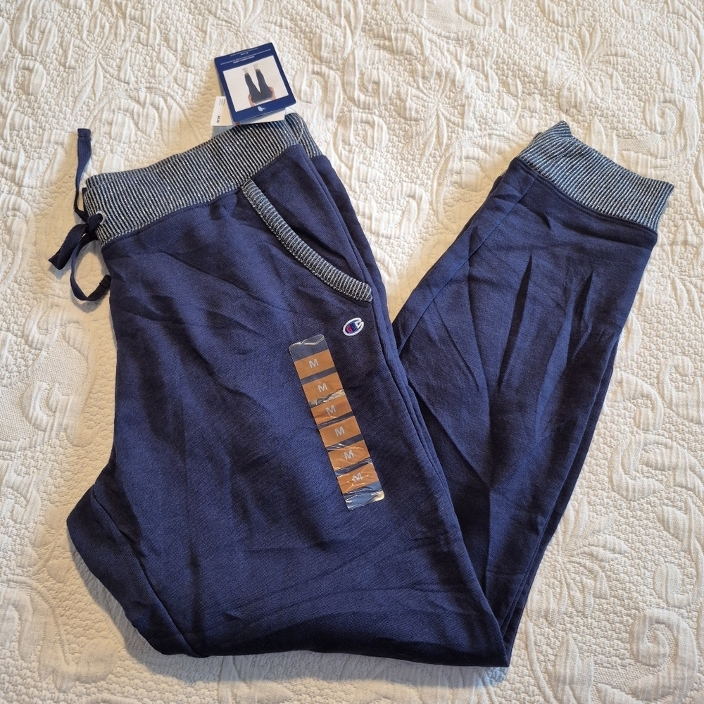 Champion women's size Medium navy with sparkly silver trim and cuffs joggers NEW